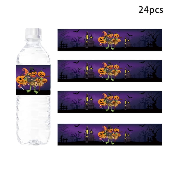 LHWEN Halloween Water Bottle Labels 24 Pieces Self-Adhesive Stickers Wrap Around Halloween Theme Decor for Holiday Party Pumpkin Skeleton Bats Odor- Festive Party Supplies for Bottles and Cylindrical