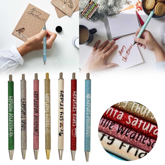 LHWEN Halloween Weekday Glitter Pen Set Funny Decor Witchy True 7PCS Refillable Custom Halloween Pens for Each Day of the Week Blood Red Lime Green Black Orange Dark Purple Green-Gold White