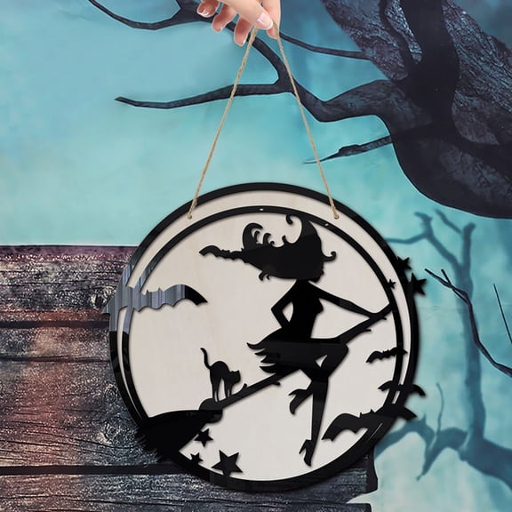 LHWEN Halloween Wooden Ornaments Witch Bat Cat Decoration Pendant Wood for Living Room Bedroom Hanging Decor for Walls Doors Porch Perfect Size with 60cm Wire and Hook Ideal
