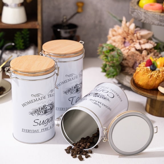 LHWEN Kitchen Canister Jars With Airtight Lids Metal Farmhouse Decorative Coffee Sugar Tea Storage Containers For Kitchen Counter Set Of 3 6.7 x 3.7 Inch White Rustic Design Perfect Gift Airtight