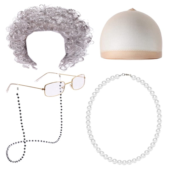 LHWEN Old Lady Costume for Kids 100 Days of School Set Includes Bun Wig Glasses Wig Cap Pearl Necklace Bracelet Synthetic Fiber Perfect for School Plays Parties Christmas Carnival Events