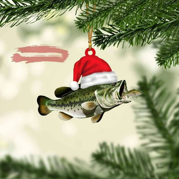 LHWEN Personalized Green Bass Fish Ornament Largemouth 2D Acrylic Christmas Tree Decoration Rear View Mirror Accessory Mini Souvenir Gift for 2025 Holidays Home Car Decor Exclusive Family