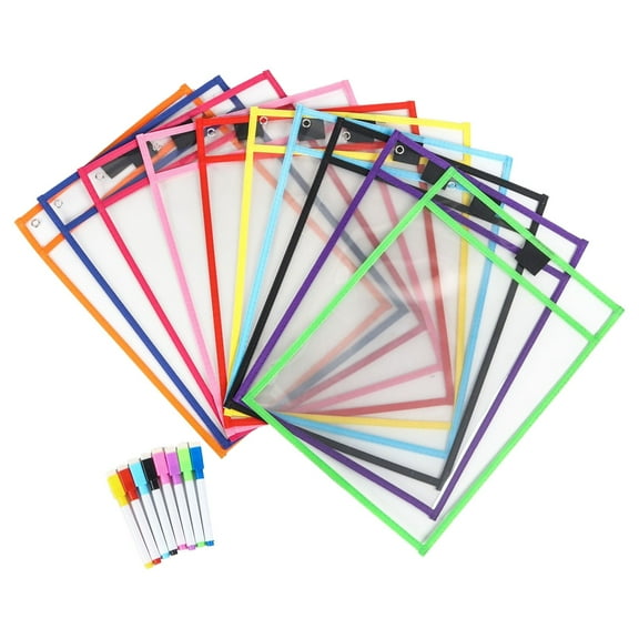LHWEN Pockets 6 Pack Reusable Sleeves Assorted Colors Sheet Protector Pocket Sleeves 6ml Double Edges Reuse Student Worksheets Easy to Erase Metal Eyelet Hanging Marker Pen Holder Classroom School