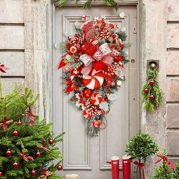 LHWEN Red Candy Cane Christmas Wreath 19.7Inch Artificial Garland with Foam Candy Xmas Decoration Perfect for Holiday Wall Front Door Hanging Decor Festive Ornament for Christmas Tree Celebrations