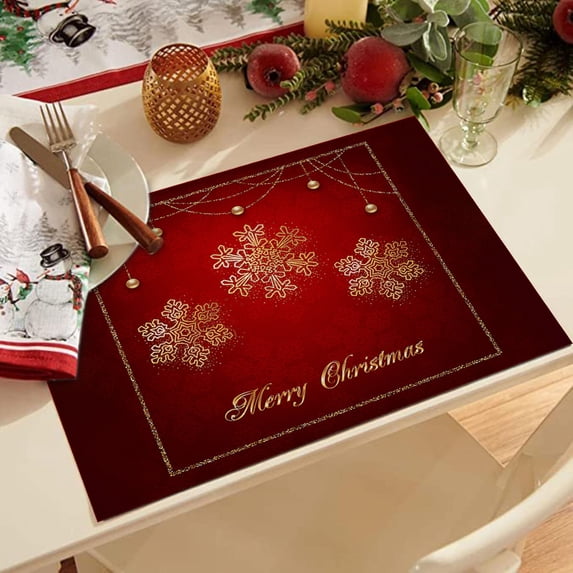 LHWEN Red Christmas Placemats 32x21 cm Winter Snowflake Holiday Table Mats Washable Polyester Linen and Wrinkle-Proof Dining Table Decor Ideal for Daily Use Parties and Receptions Reinforced Edges