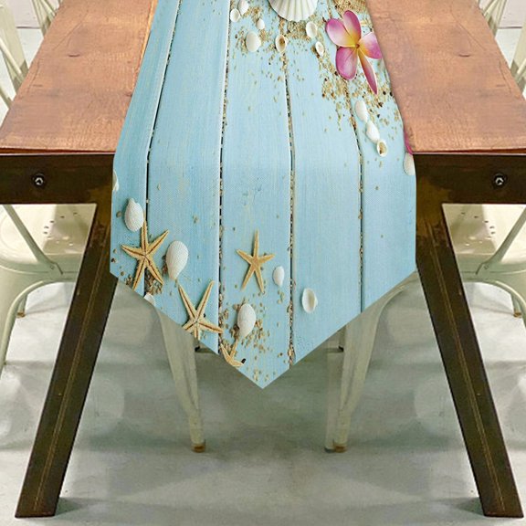 LHWEN Summer Beach Linen Tablecloth Table Runner Coastal Print Design Nautical Style Dining and Coffee Table Seaside Tablecloth in Beach Print Marine Linen Tablecloth
