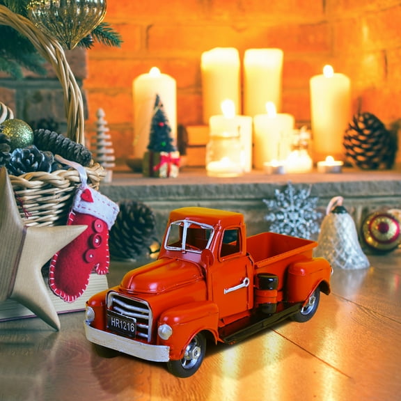 LHWEN Vintage Christmas Truck Red Blue Metal Decor Children Gift Wheels Roll Classic Car Collectible Holiday Party Carnival Festival Home Decoration