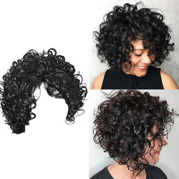 LHWEN Women's Black Small Curly Wavy Wig High Temperature Fiber Glueless Lace Front Natural Look Adjustable Straps Comfortable Wear African Human Hair for Parties Daily Use Fashionable Feminine Design