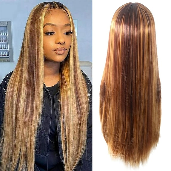 LHWEN Women's Brown Gold Long Straight Hair Wig Set Human Hair Full Density Pre Plucked Lace Front Wig with Baby Hair No Shedding Bleachable Knots Full Cuticle Natural Looking and Easy to Maintain