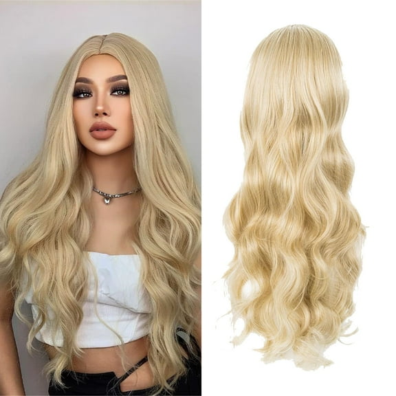 LHWEN Women's Long Blonde Curly Wig Synthetic Fiber Heat 28 Inch Adjustable Cap Natural Color for Hallowee-n Theme Party Daily Wear Soft Silky Glamorous Full Hair Size