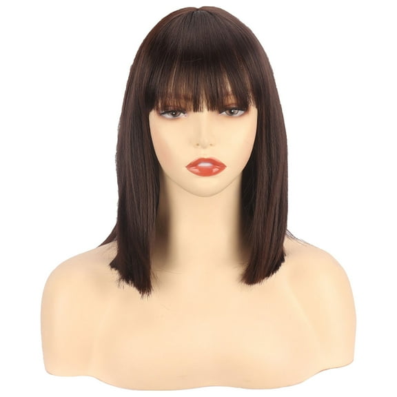 LHWEN Women's Wig Short Straight Hair With Flat Bangs Bob One Cut High Temperature Wire Wig Headcover Beauty Salon Straight Hair Fun Lace Wavy Curls Braided Hair Synthetic Hair bohon