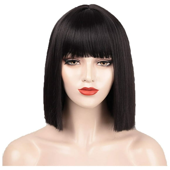 LHWEN Women's Wig Short Straight Hair With Flat Bangs Bob One Cut High Temperature Wire Wig Headcover Beauty Salon Straight Hair Fun Lace Wavy Curls Braided Hair Synthetic Hair bohon