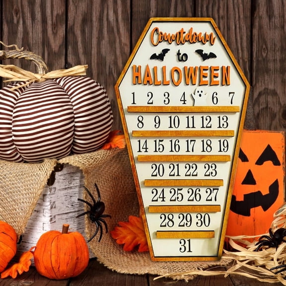 LHWEN Wooden Countdown To Halloween Coffin Calendar Halloween Decoration Moveable Countdown Sign Farmhouse Decor Halloween Gift Hand Painted Wooden Calendar Halloween Tradition Family Decor