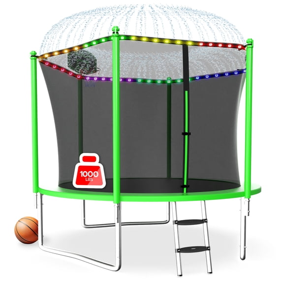 LHX 10FT 14FT 16FT Trampoline with Enclosure Net, Outdoor Trampolines for Kids Adult, Backyard Trampoline with Basketball Hoop, Ladder, Stakes, Lights, Sprinklers, Socks, Heavy Duty, 1000 LBS Loading