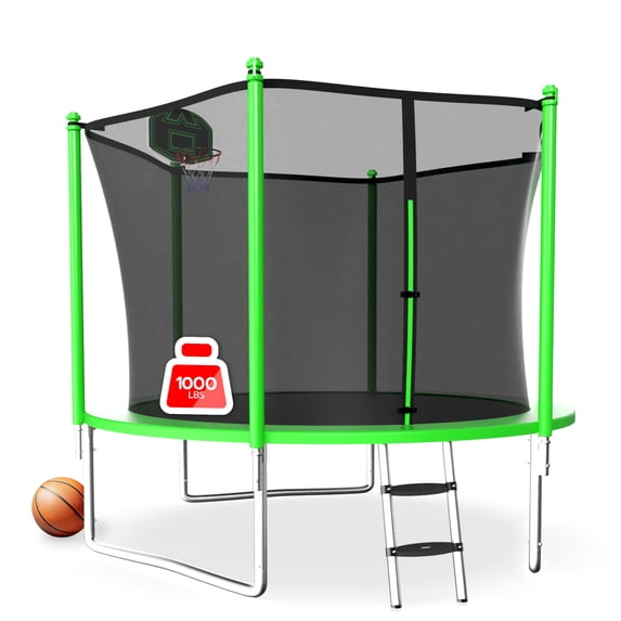 LHX 10FT 14FT 16FT Trampoline with Enclosure Net, Outdoor Trampolines for Kids Adults, Backyard Recreational Trampoline with Basketball Hoop, Ladder, Stake, Heavy Duty, 1000 LBS Weight Loading, Round