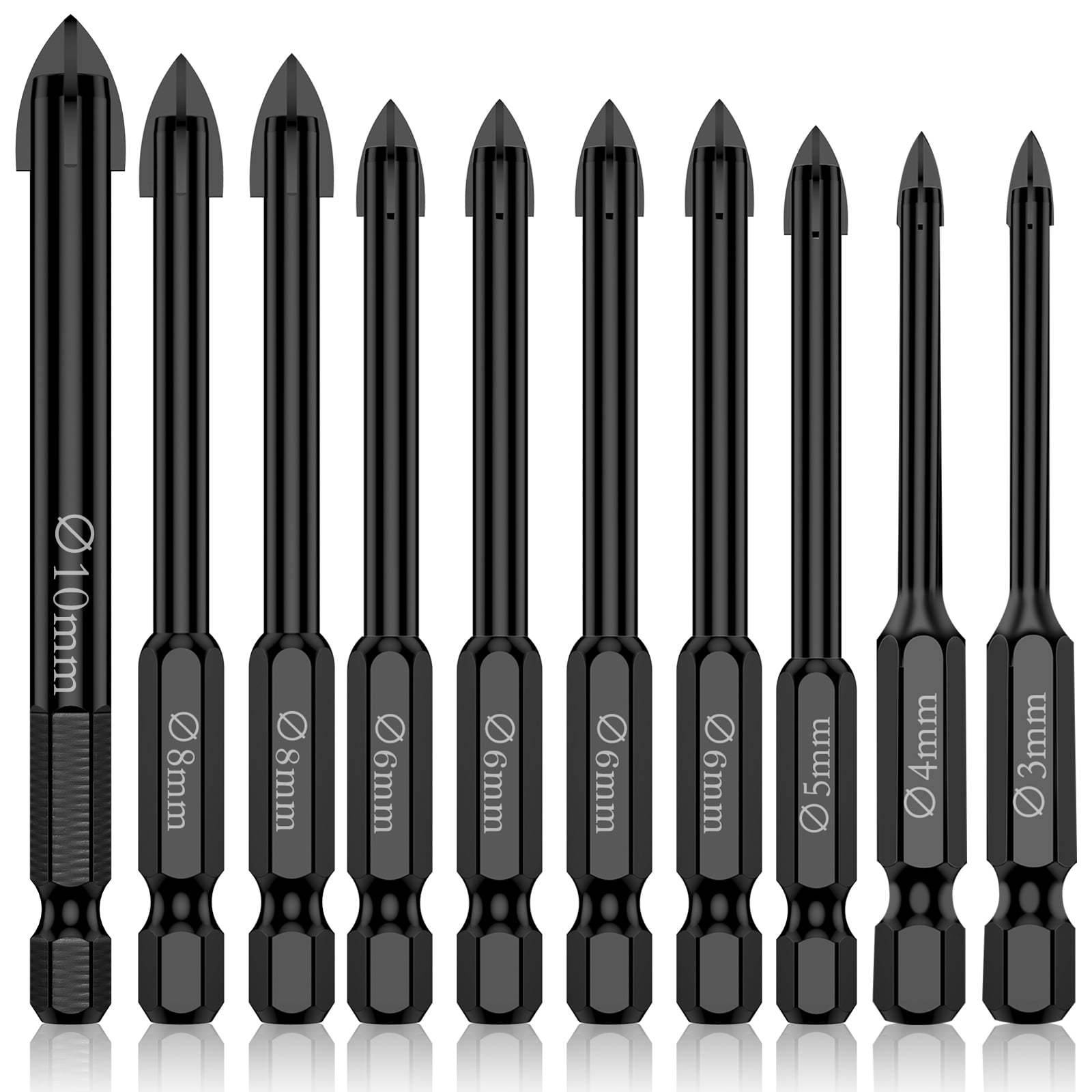 LHX 10Pcs Masonry Drill Bit Set 3/4/5/6/8/10mm Carbide Hex Shank Concrete Drill Bit Set Fast High Precision Punching Drill Bit Kit for Tiles Mirrors Glass Ceramic Marble Granite