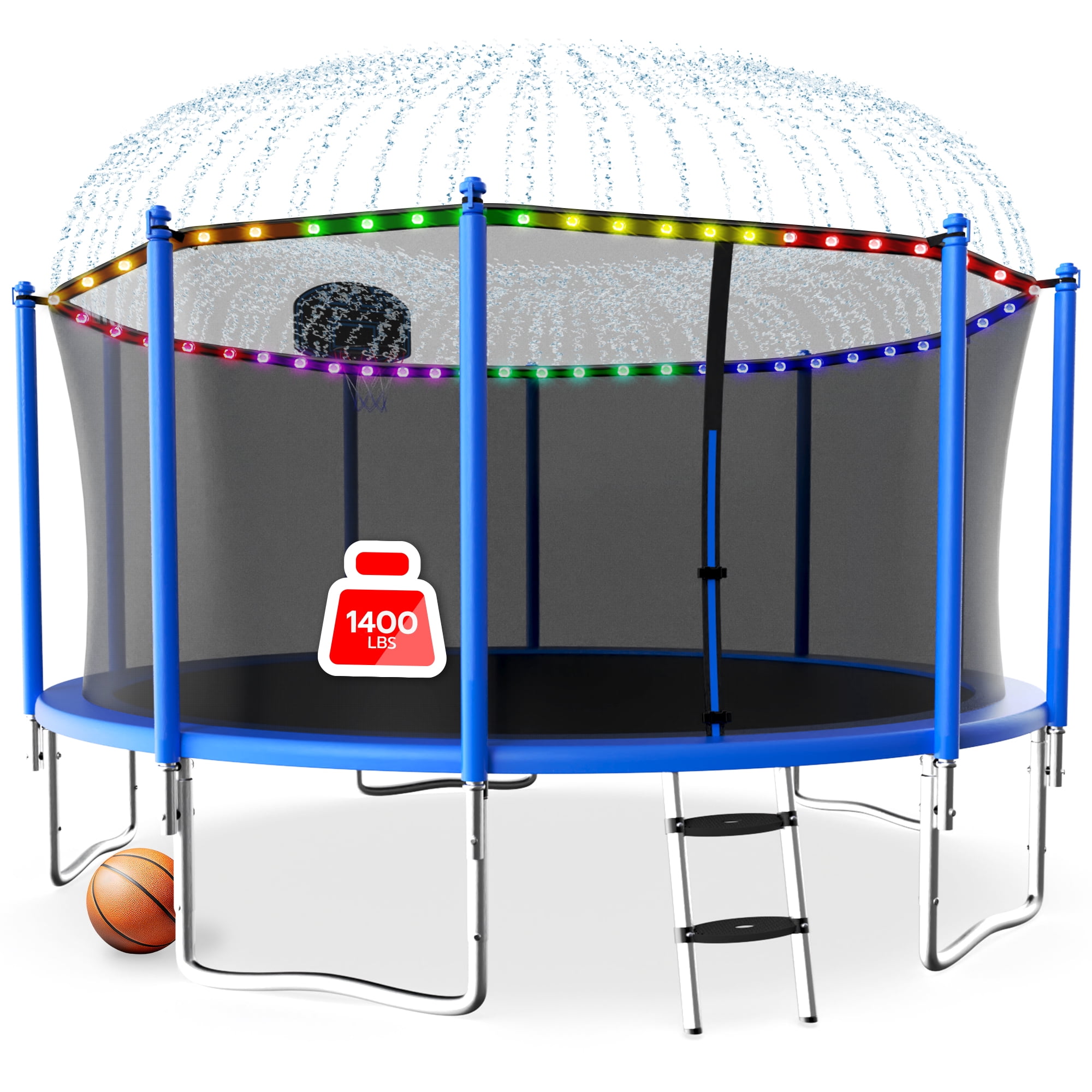 LHX 12FT 14FT 16FT Trampoline with Enclosure Net, Outdoor Trampolines for Kids Adult, Backyard Trampoline with Basketball Hoop, Ladder, Stakes, Lights, Sprinklers, Socks, Heavy Duty, 1400 LBS Loading