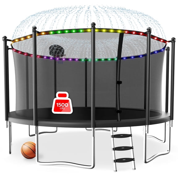 LHX 12FT 14FT 16FT Trampoline with Enclosure Net, Outdoor Trampolines for Kids Adult, Backyard Trampoline with Basketball Hoop, Ladder, Stakes, Lights, Sprinklers, Socks, Heavy Duty, 1500 LBS Loading