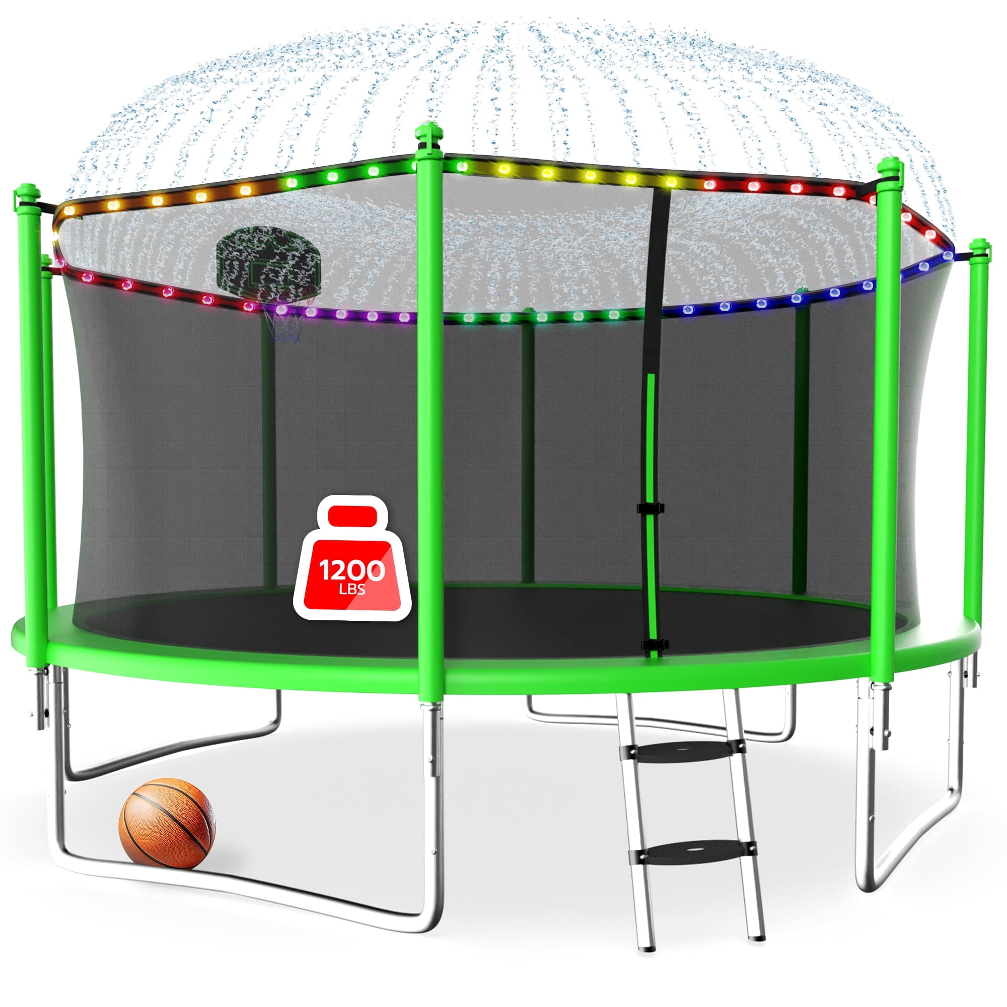 LHX 12FT 14FT 16FT Trampoline with Enclosure Net, Outdoor Trampolines for Kids Adult, Backyard Trampoline with Basketball Hoop, Ladder, Stakes, Lights, Sprinklers, Socks, Heavy Duty, 1200lbs Loading