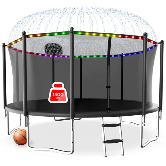 LHX 12FT 14FT 16FT Trampoline with Enclosure Net, Outdoor Trampolines for Kids Adult, Backyard Trampoline with Basketball Hoop, Ladder, Stakes, Lights, Sprinklers, Socks, Heavy Duty, 1400 LBS Loading
