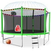 LHX 12FT 14FT 16FT Trampoline with Enclosure Net, Outdoor Trampolines for Kids Adult, Backyard Trampoline with Basketball Hoop, Ladder, Stakes, Lights, Sprinklers, Socks, Heavy Duty, 1200lbs Loading