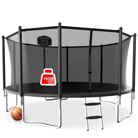 LHX 12FT 14FT 16FT Trampoline with Enclosure Net, Outdoor Trampolines for Kids Adults, Backyard Recreational Trampoline with Basketball Hoop, Ladder, Stake, Heavy Duty, 1400 LBS Weight Loading, Round