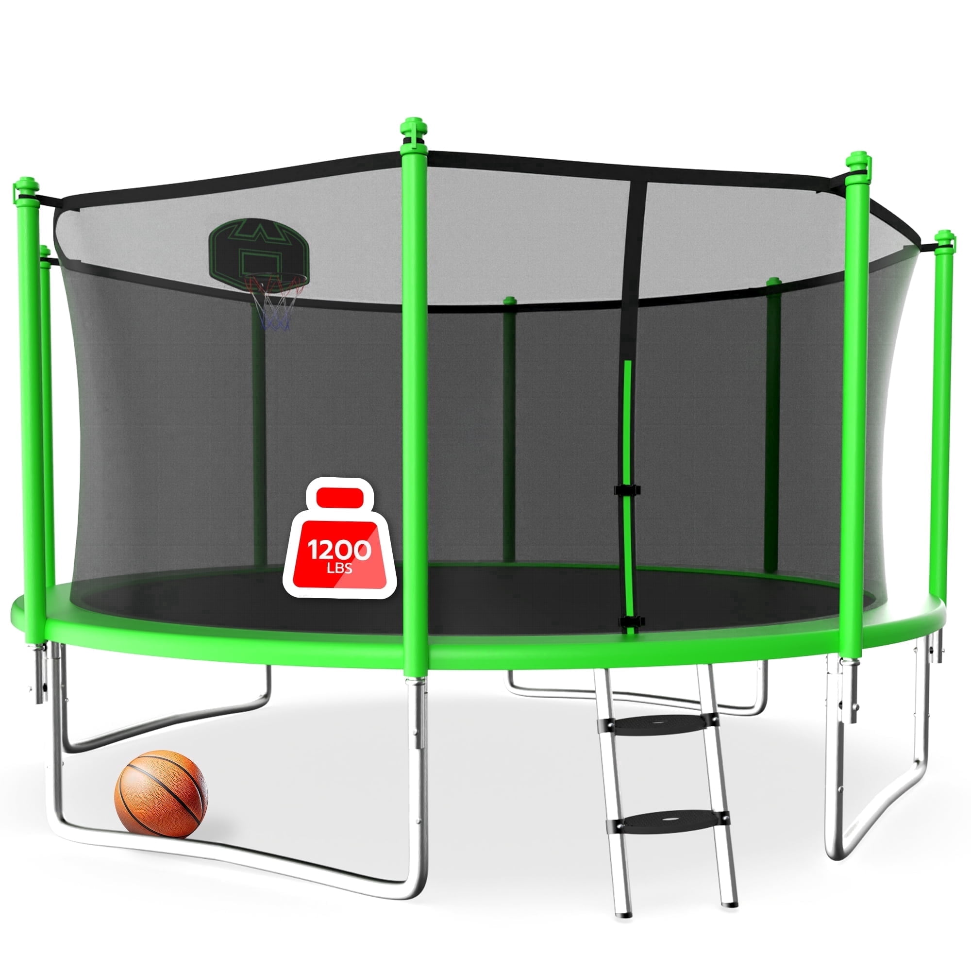 LHX 12FT 14FT 16FT Trampoline with Enclosure Net, Outdoor Trampolines for Kids Adults, Backyard Recreational Trampoline with Basketball Hoop, Ladder, Heavy Duty, 1200 lbs Weight Loading, Round