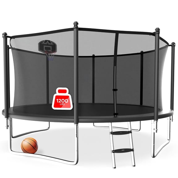 LHX 12FT 14FT 16FT Trampoline with Enclosure Net, Outdoor Trampolines for Kids Adults, Backyard Recreational Trampoline with Basketball Hoop, Ladder, Stake, Heavy Duty, 1200 LBS Weight Loading, Round