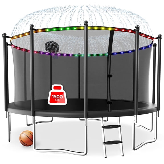 LHX 15FT Trampoline with Enclosure Net, Outdoor Trampolines for Kids Adult, Backyard Trampoline with Basketball Hoop, Ladder, Lights, Sprinklers, Heavy Duty, 1500 LBS Loading