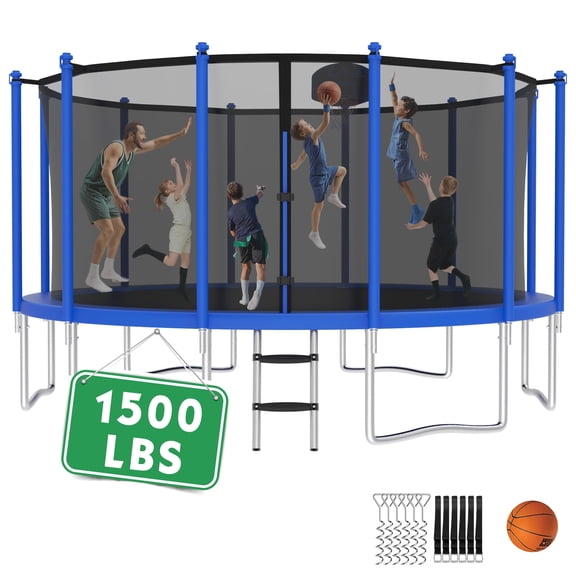 LHX 15FT 14FT 16FT Trampoline with Enclosure Net, Outdoor Trampolines for Kids Adults, Backyard Recreational Trampoline with Basketball Hoop, Ladder, Stake, Heavy Duty, 1500 LBS Weight Loading, Round