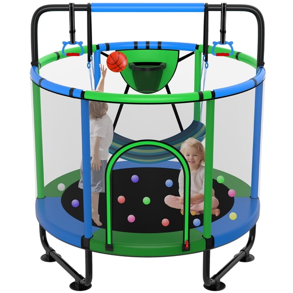 LHX 60" Trampoline for Kids Indoor Outdoor Toddler Trampolines with Enclosure Net, Basketball Hoop, Swing, Adjustable Gymnastics Bar, 5FT 550lbs Capacity Small Round Trampoline Gift for Boys, Girls