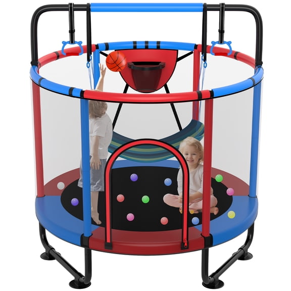 LHX 60" Trampoline for Kids Indoor Outdoor Toddler Trampolines with Enclosure Net, Basketball Hoop, Swing, Adjustable Gymnastics Bar, 5FT 550lbs Capacity Small Round Trampoline Gift for Boys, Girls