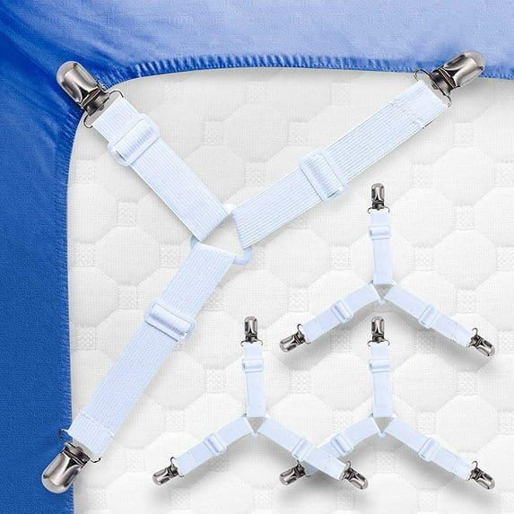 Fitted Sheet Clips for Bedding, Keeping Sheets Firmly In Place - Stable, Adjustable Triangle Design Elastic Nylon with Rust Proof Nickel Plated Clamps - Set of 4 Mattress Sheet Garters (White)