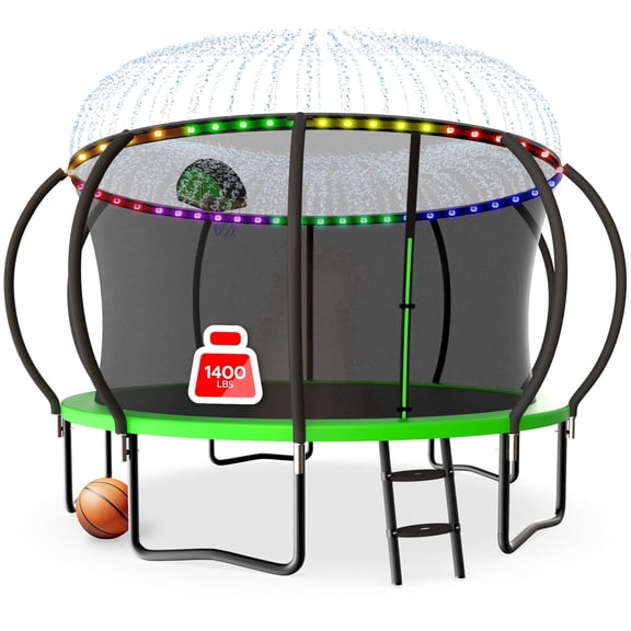 LHX Trampoline 14FT Outdoor Trampolines for Kids and Adults with Enclosure Net, Basketball Hoop, 1400LBS Loading Backyard Pumpkin Trampoline with Lights, Sprinkler, Heavy Duty