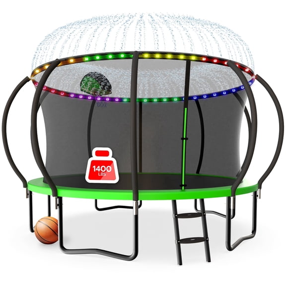 LHX Trampoline 16FT 14FT 12FT Outdoor Trampolines for Kids and Adults with Enclosure Net, Basketball Hoop, 1400LBS Loading Backyard Pumpkin Trampoline with Lights, Sprinkler, Heavy Duty