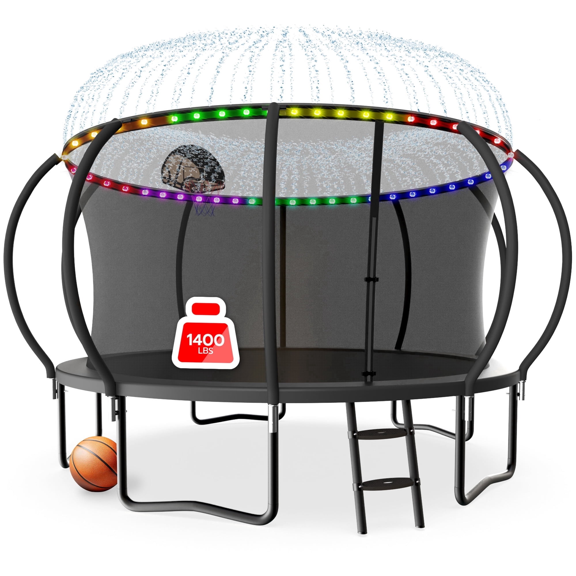 LHX Trampoline 16FT 14FT 12FT Outdoor Trampolines for Kids and Adults with Enclosure Net, Basketball Hoop, 1400LBS Loading Backyard Pumpkin Trampoline with Lights, Sprinkler, Heavy Duty
