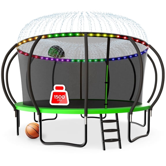 LHX Trampoline 16FT 14FT 15FT Outdoor Trampolines for Kids and Adults with Enclosure Net, Basketball Hoop, 1500LBS Loading Backyard Pumpkin Trampoline with Lights, Sprinkler, Heavy Duty