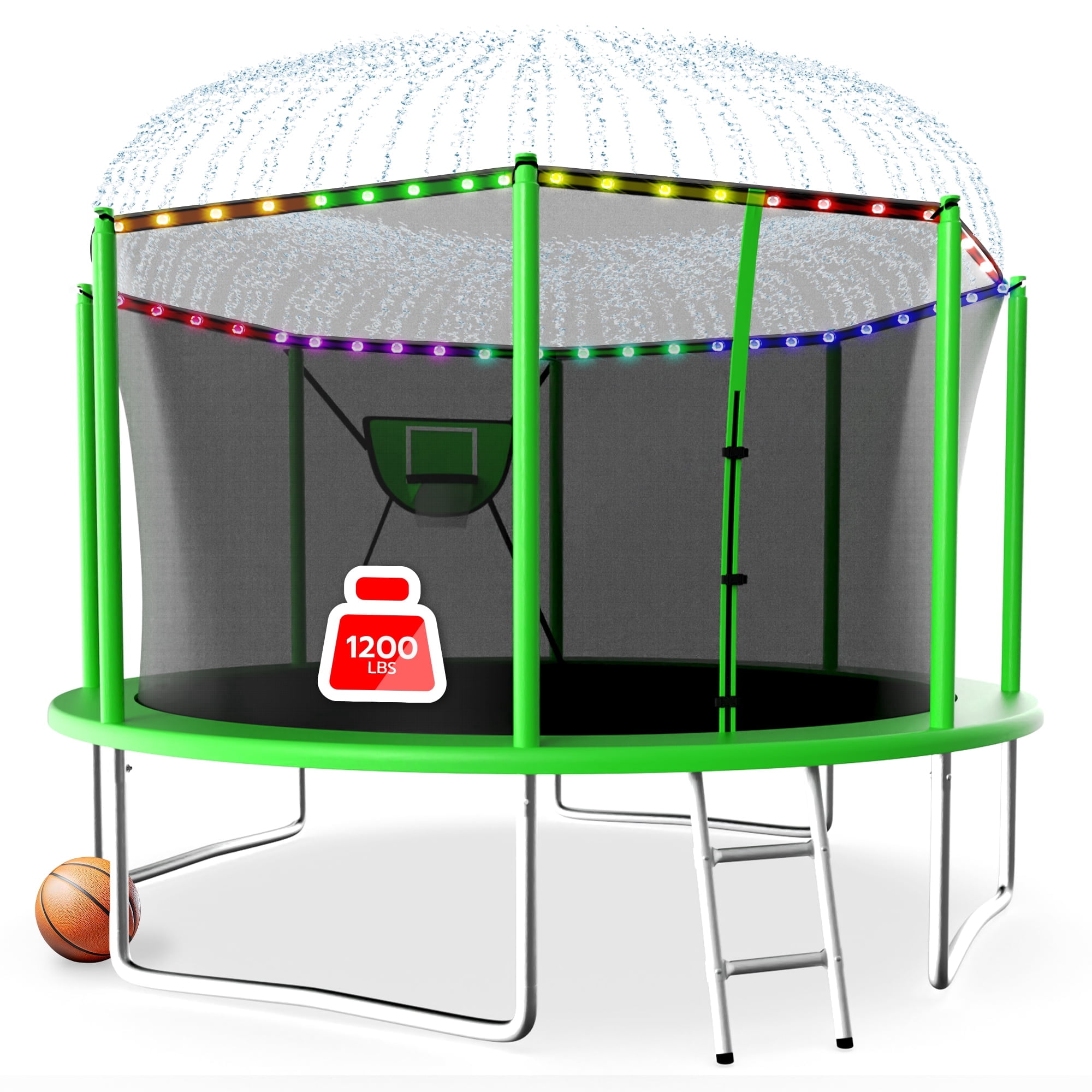 LHX Trampoline with Basketball Hoop 12FT 1200LBS Outdoor Trampolines for Kids Adults Backyard Heavy Duty Round Trampoline with Safety Enclosure Net, Ladder, Lights, Sprinklers, Socks, No Gap Design
