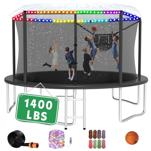 LHX Trampoline with Basketball Hoop 14FT 1400LBS Outdoor Trampolines for Kids Adults Backyard Heavy Duty Round Trampoline with Safety Enclosure Net, Lights, Sprinklers, Socks, No Gap Design