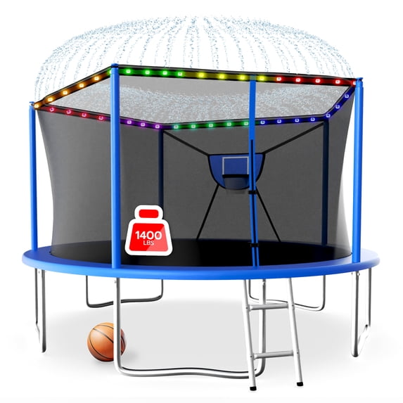 LHX Trampoline with Basketball Hoop 14FT 1400LBS Outdoor Trampolines for Kids Adults Backyard Heavy Duty Round Trampoline with Safety Enclosure Net, Lights, Sprinklers, Socks, No Gap Design