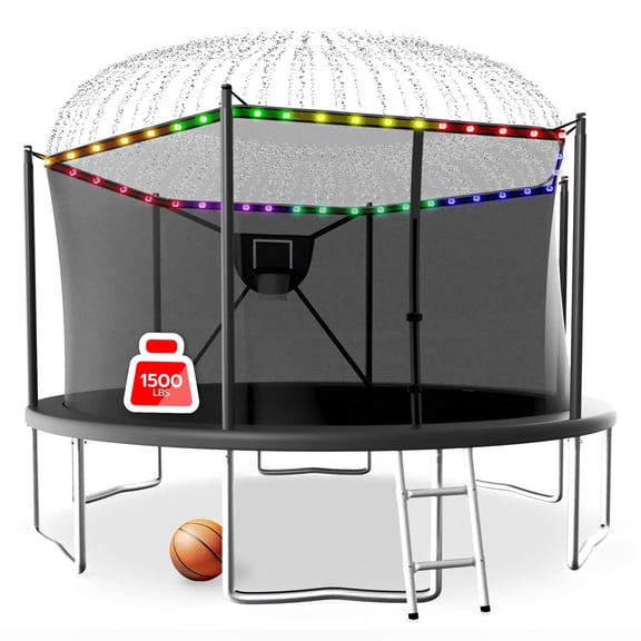 LHX Trampoline with Basketball Hoop 16FT 1500LBS Outdoor Trampolines for Kids Adults Backyard Heavy Duty Round Trampoline with Safety Enclosure Net, Lights, Sprinklers, Socks, No Gap Design