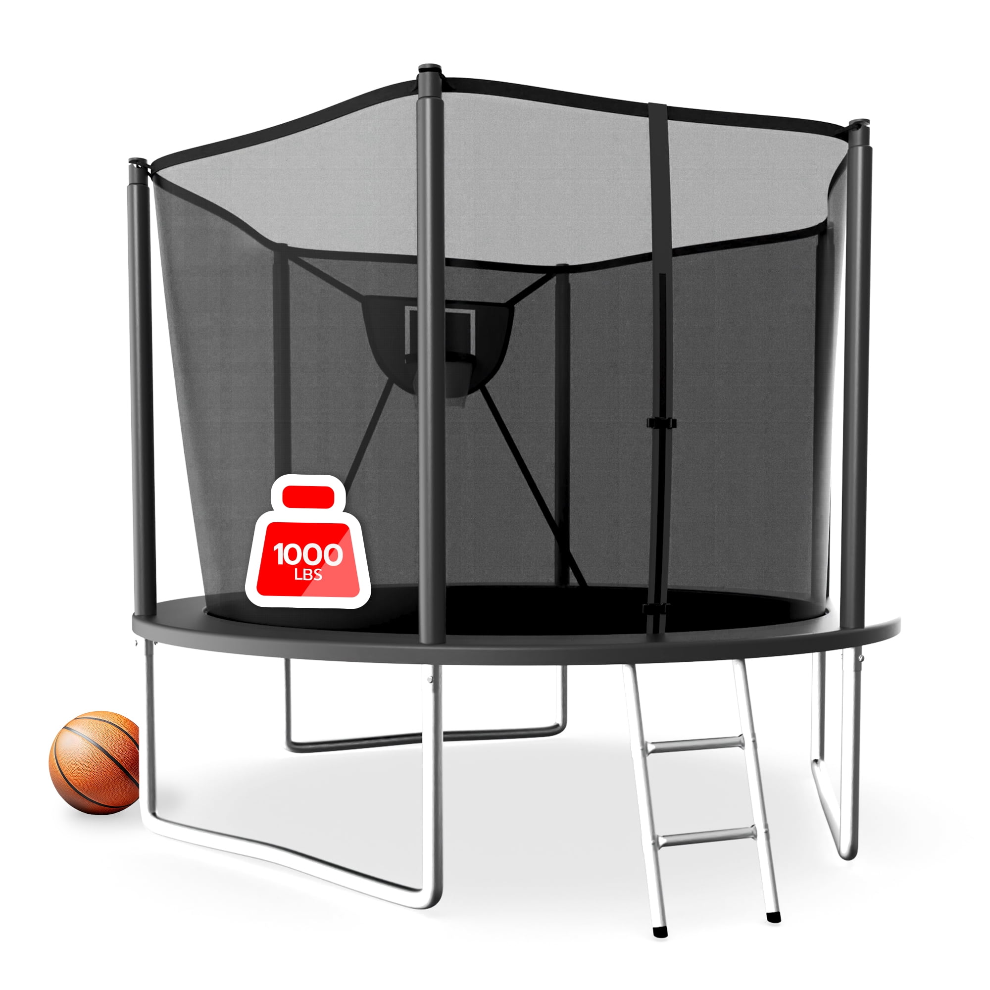 LHX Trampoline with Basketball Hoop 8FT 800LBS Outdoor Trampolines for Kids Adults Backyard Heavy Duty Round Trampoline with Safety Enclosure Net, Ladder, Recreational Trampoline, No Gap Design