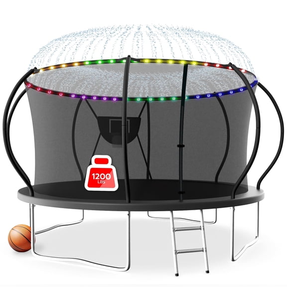 LHX Trampoline for Kids 12FT 14FT 16FT Outdoor Trampolines with Basketball Hoop, Safety Enclosure Net, Lights, Sprinklers, Socks, Recreational Heavy Duty Trampoline, 1200 LBS Loading, Easy to Install