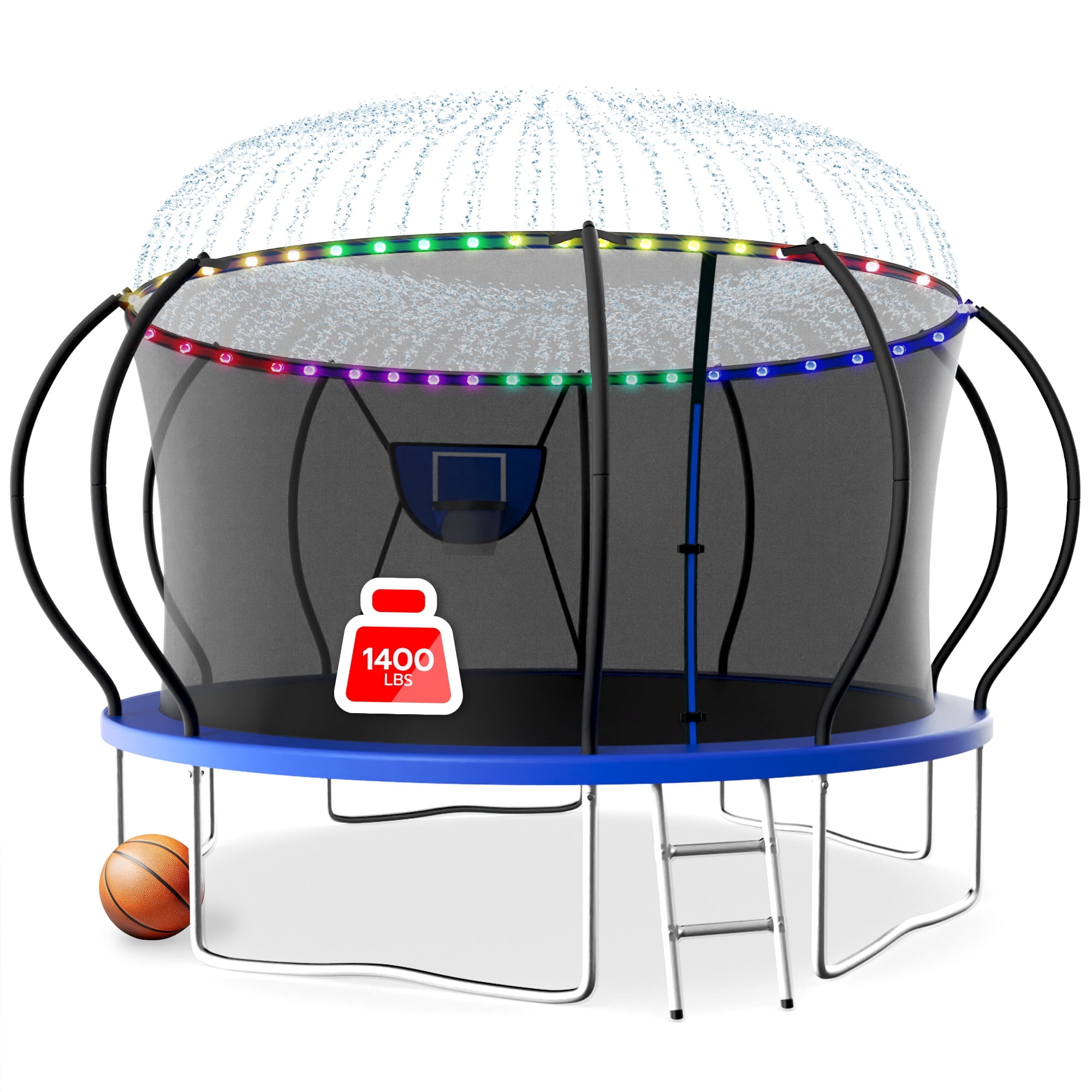 LHX Trampoline for Kids 12FT 14FT 16FT Outdoor Trampolines with Basketball Hoop, Safety Enclosure Net, Lights, Sprinklers, Socks, Recreational Heavy Duty Trampoline, 1400 LBS Loading, Easy to Install