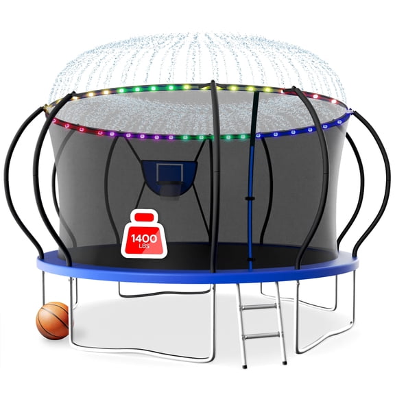 LHX Trampoline for Kids 12FT 14FT 16FT Outdoor Trampolines with Basketball Hoop, Safety Enclosure Net, Lights, Sprinklers, Socks, Recreational Heavy Duty Trampoline, 1400 LBS Loading, Easy to Install
