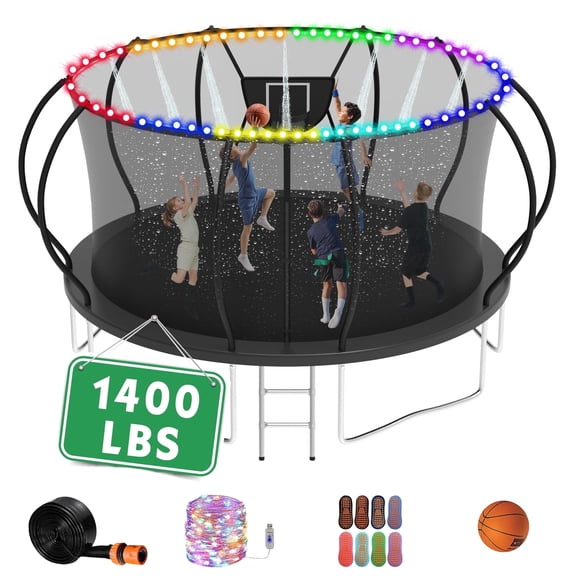 LHX Trampoline for Kids 12FT 14FT 16FT Outdoor Trampolines with Basketball Hoop, Safety Enclosure Net, Lights, Sprinklers, Socks, Recreational Heavy Duty Trampoline, 1400 LBS Loading, Easy to Install