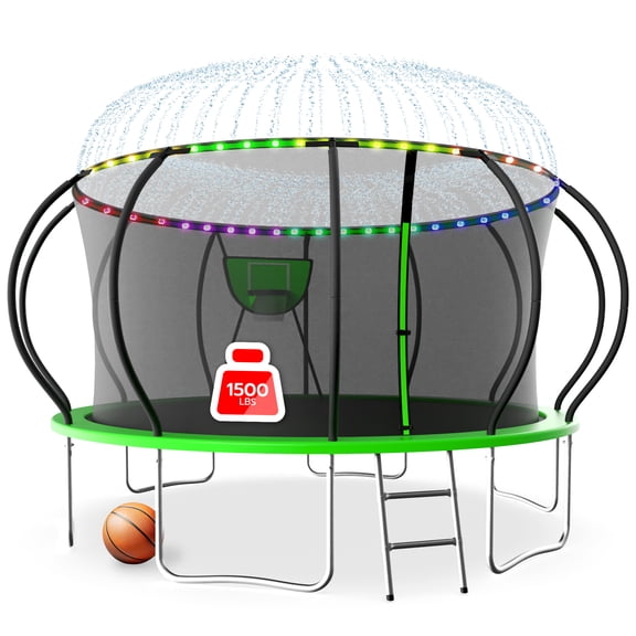 LHX Trampoline for Kids 16FT Outdoor Trampolines with Basketball Hoop, Safety Enclosure Net, Lights, Sprinklers, Recreational Heavy Duty Trampoline, 1500 LBS Loading, Easy to Install