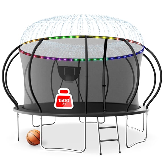 LHX Trampoline for Kids 12FT 14FT 16FT Outdoor Trampolines with Basketball Hoop, Safety Enclosure Net, Lights, Sprinklers, Socks, Recreational Heavy Duty Trampoline, 1500 LBS Loading, Easy to Install