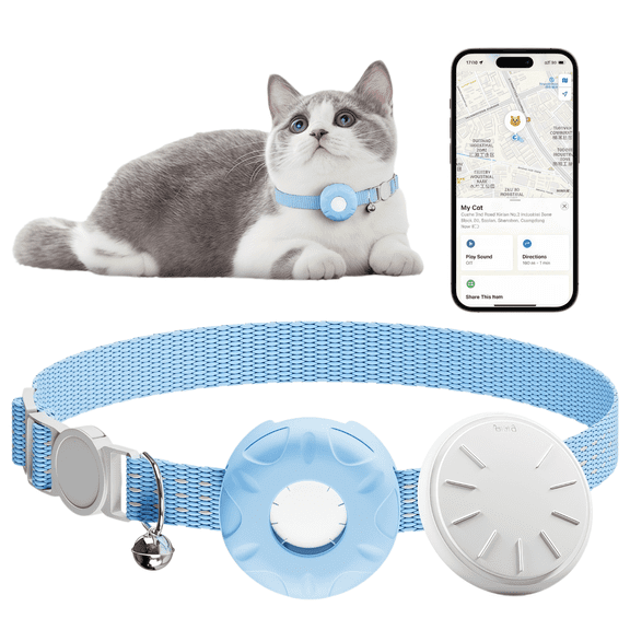 LHYXU Cat Tracker, Mini GPS Tracker, Compatible with Apple Find My App(Only iOS), Waterproof Cat Trackers Collar with Bell and Safety Elastic Buckle, No Monthly Fee(Blue)