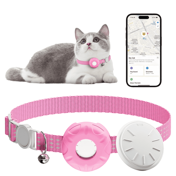LHYXU Cat Tracker, Mini GPS Tracker, Compatible with Apple Find My App(Only iOS), Waterproof Cat Trackers Collar with Bell and Safety Elastic Buckle, No Monthly Fee(Pink)